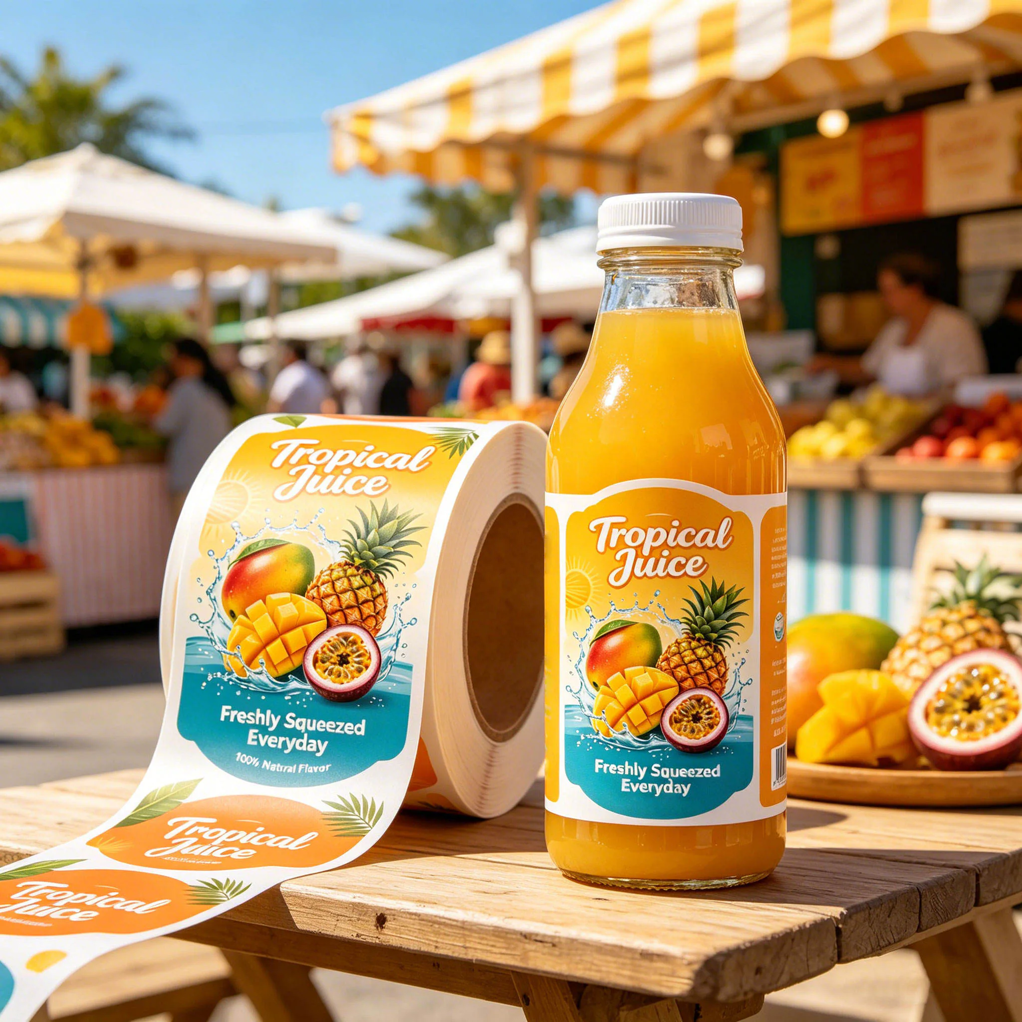 Custom beverage roll labels on juice bottles for wet and cold use