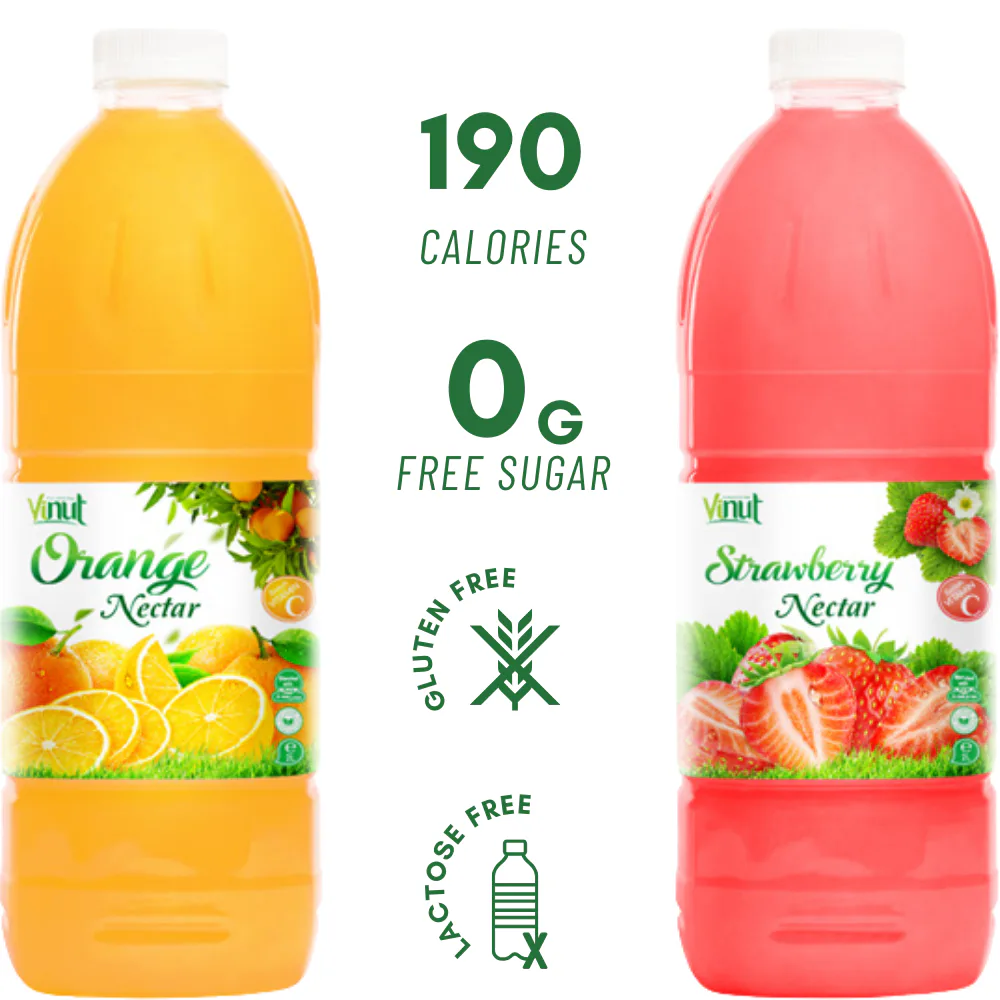 White BOPP beverage labels on orange and strawberry drink bottles