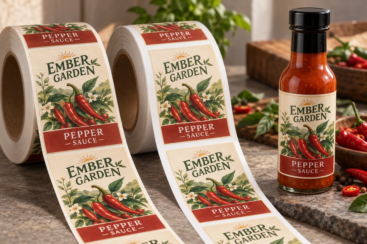 Fictional Ember Garden pepper sauce packaging with adjacent and spaced label-web illustrations