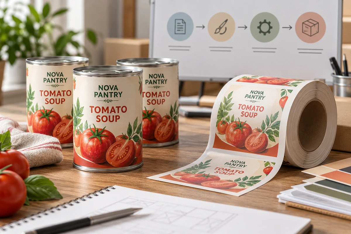 Fictional Nova Pantry tomato soup packaging on a milestone planning desk