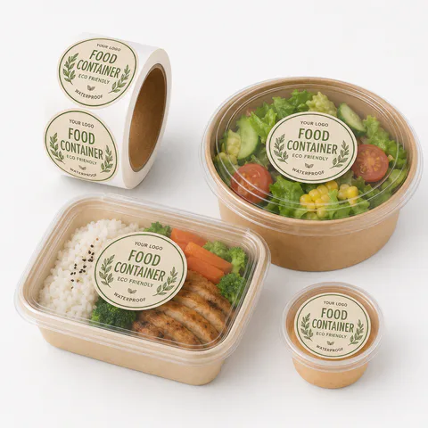 Custom food container labels with label roll and prepared meal packaging