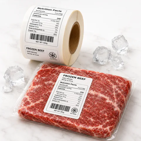 Frozen food package labels on roll for cold storage packaging
