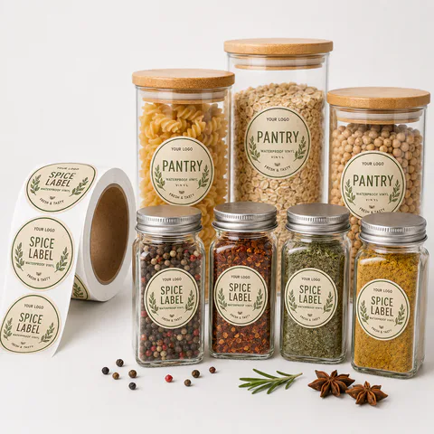 Pantry and spice product labels with space for barcode and QR code planning