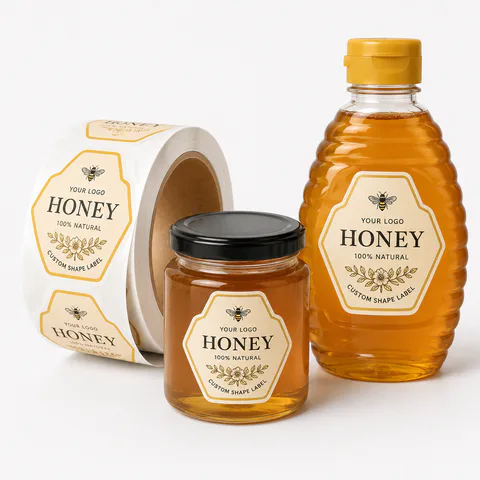 Custom honey and jam food labels on jars and roll labels