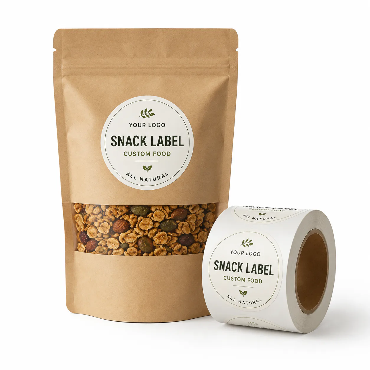 Food pouch packaging with custom product labels for small brands
