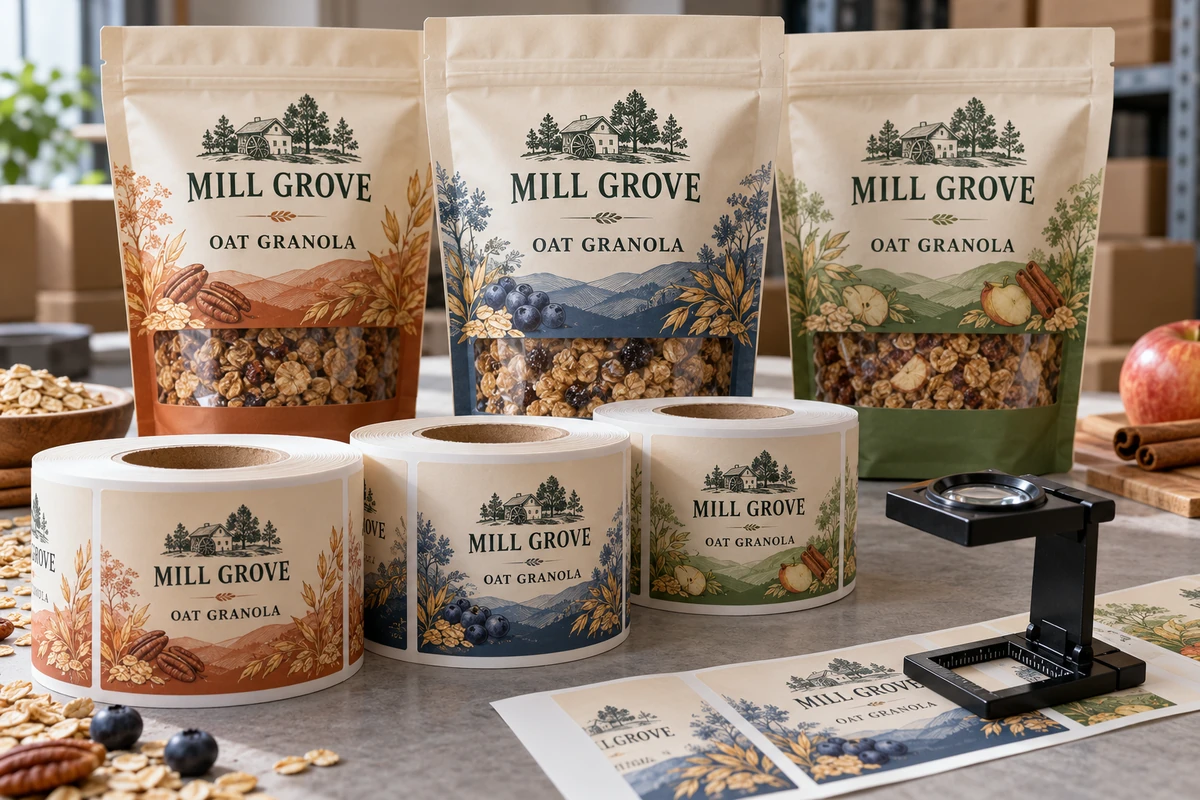 Fictional Mill Grove oat granola pouches with several label samples and an inspection loupe