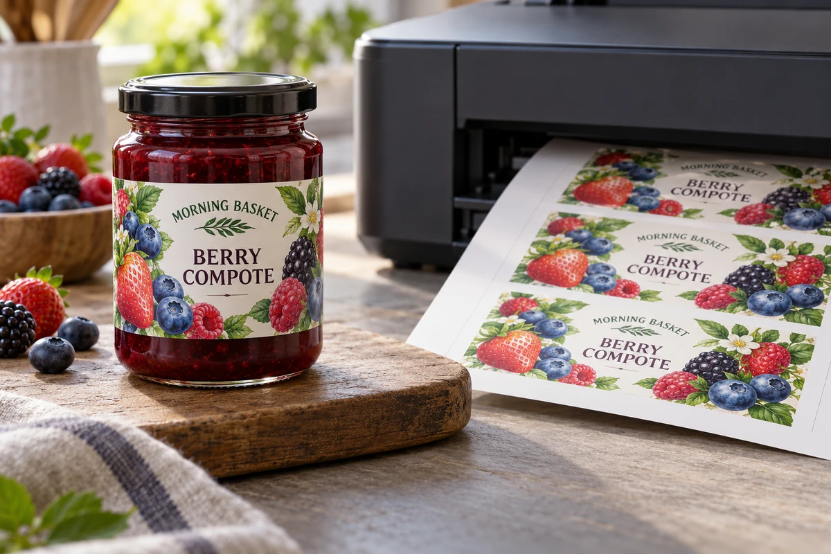 Fictional Morning Basket berry compote jar beside an illustrative inkjet printer and label output