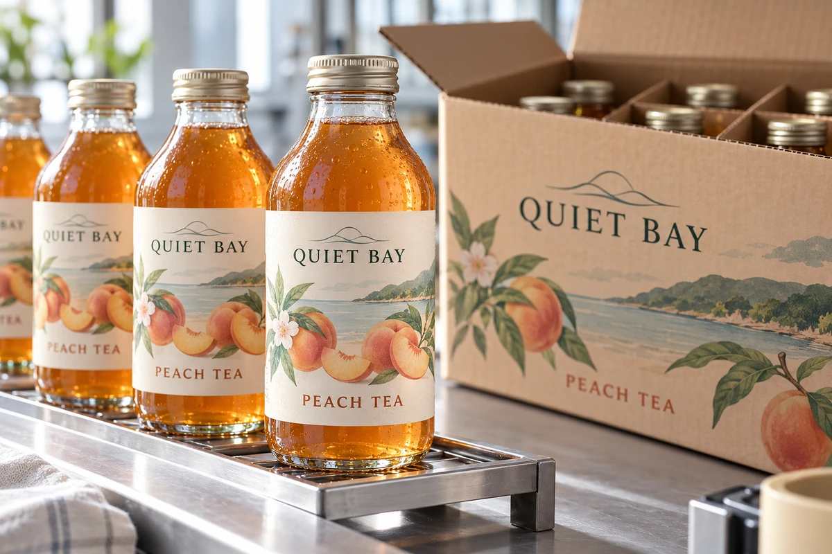 Fictional Quiet Bay peach tea bottles staged beside a carton after label application