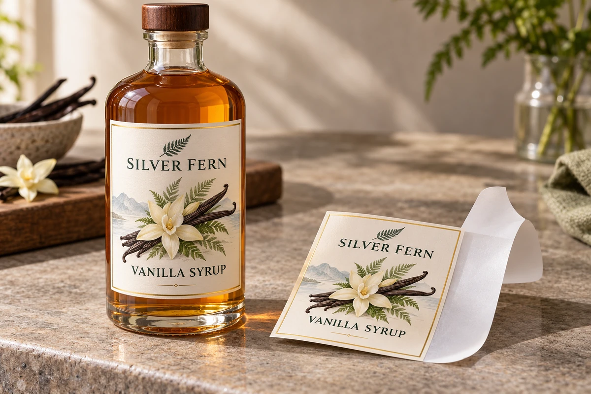 Fictional Silver Fern vanilla syrup packaging beside a label with a separate liner handling margin