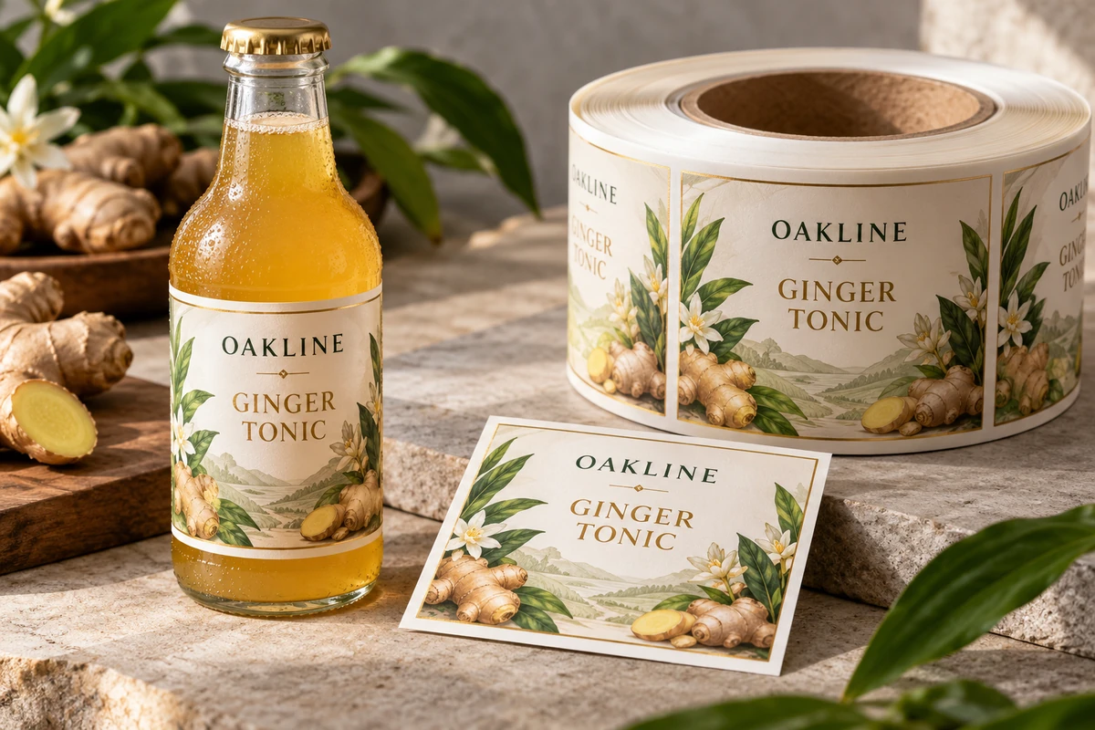 Fictional Oakline ginger tonic bottle beside a flat label reference and roll for specification comparison