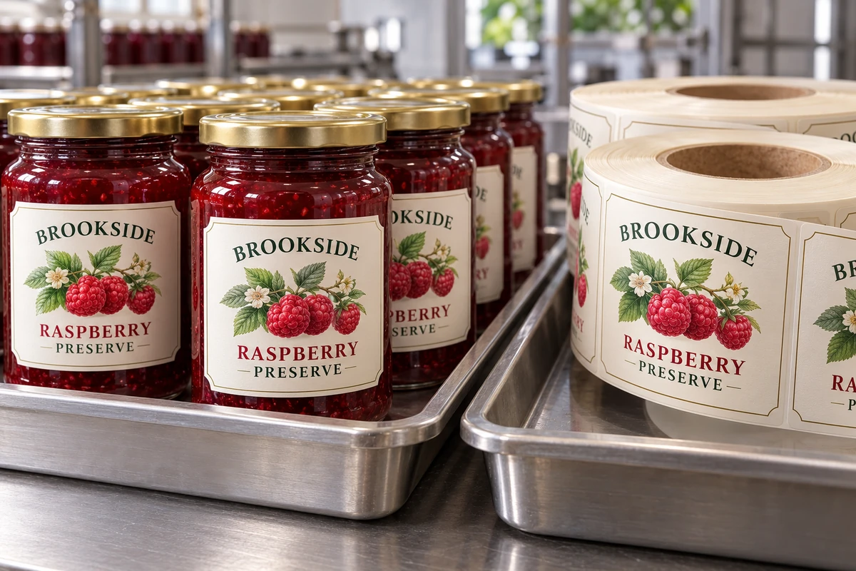 Fictional Brookside raspberry preserve jars and identified-style label rolls in a packing-record scene