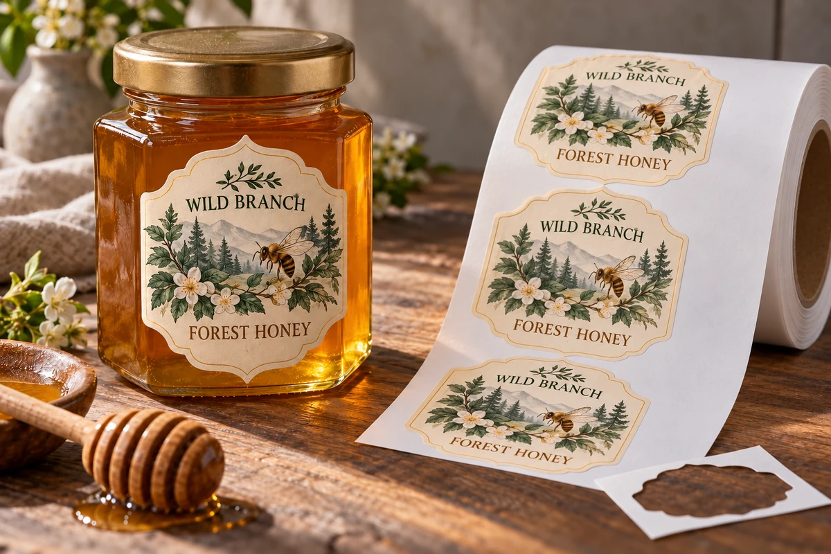 Fictional Wild Branch forest honey jar beside an intricate label and detached surrounding waste on intact liner