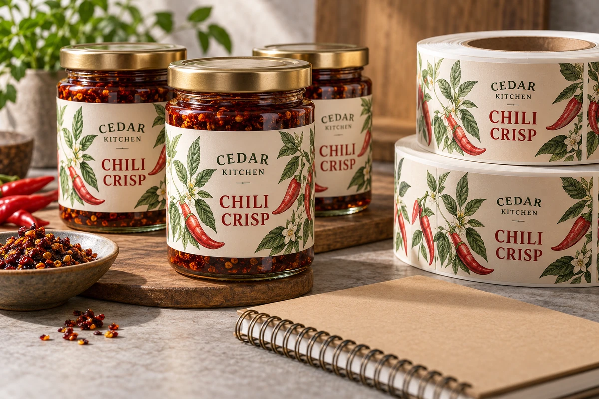 Fictional Cedar Kitchen chili crisp jar and label rolls beside a purchasing notebook