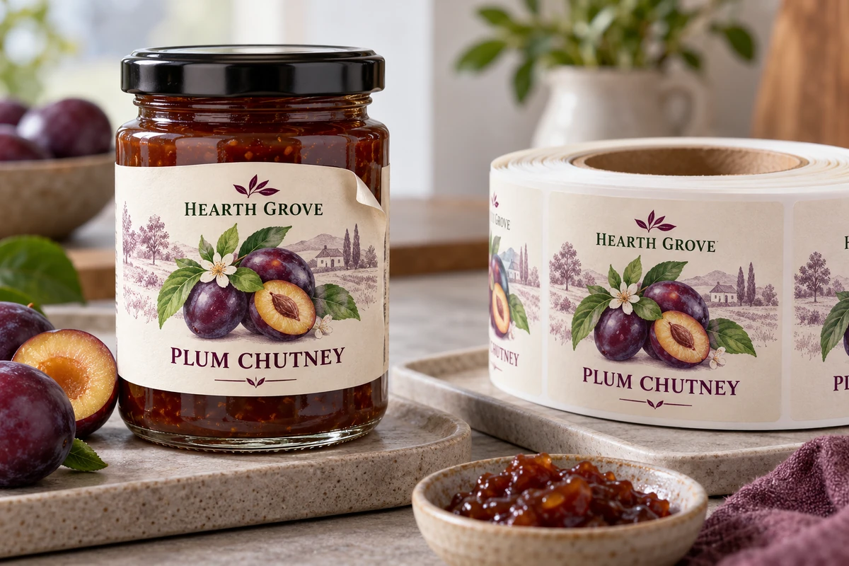 Fictional Hearth Grove plum chutney jar showing a lifted label corner beside its label roll