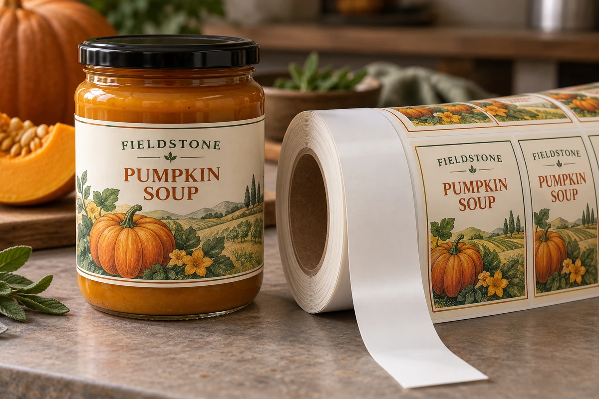 Fictional Fieldstone pumpkin soup packaging beside a label roll with a plain leader