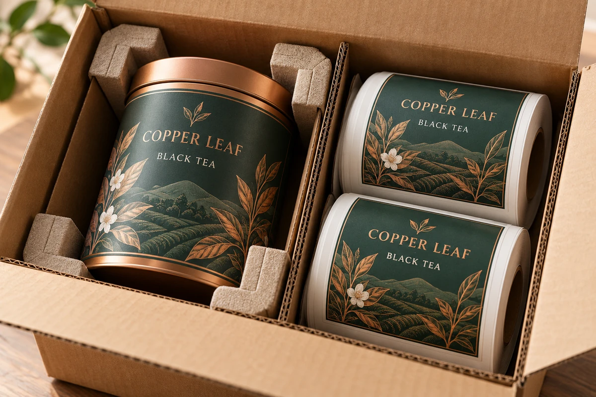 Fictional Copper Leaf black tea packaging with label rolls separated inside a protective carton