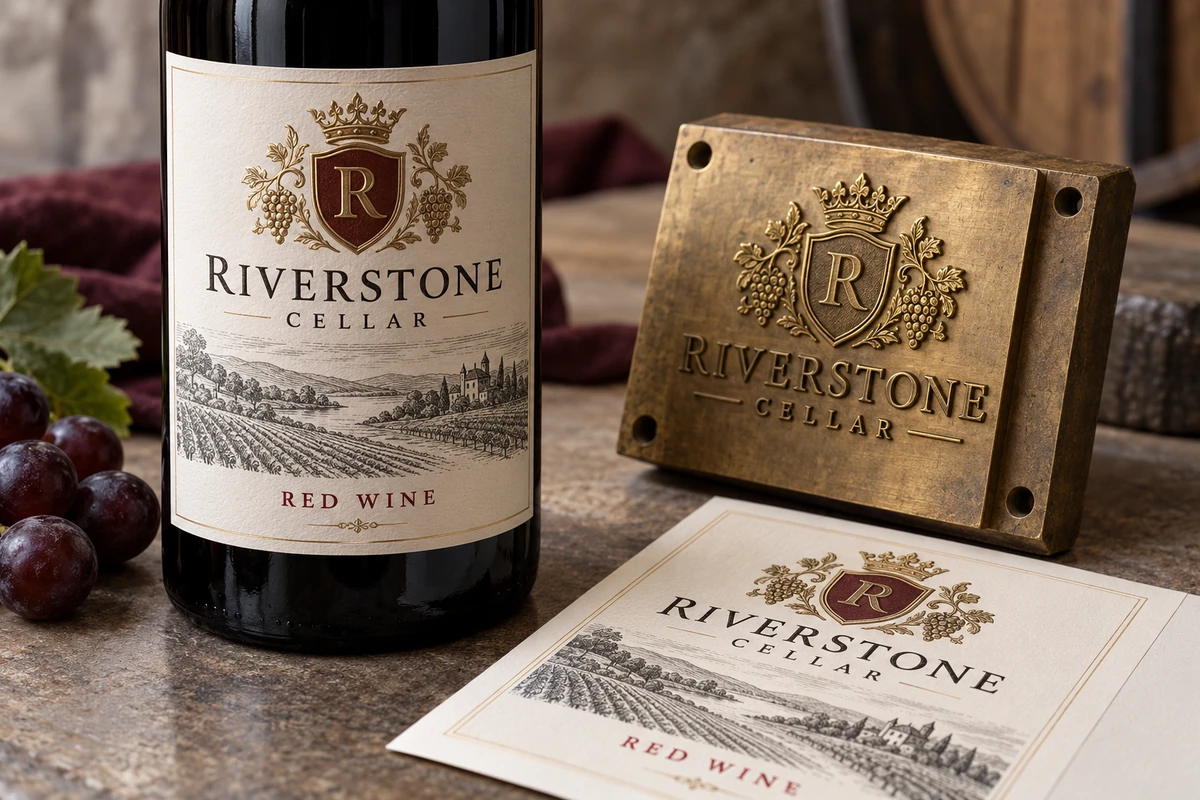 Fictional Riverstone Cellar red wine bottle with an illustrative decorative tool and artwork proof