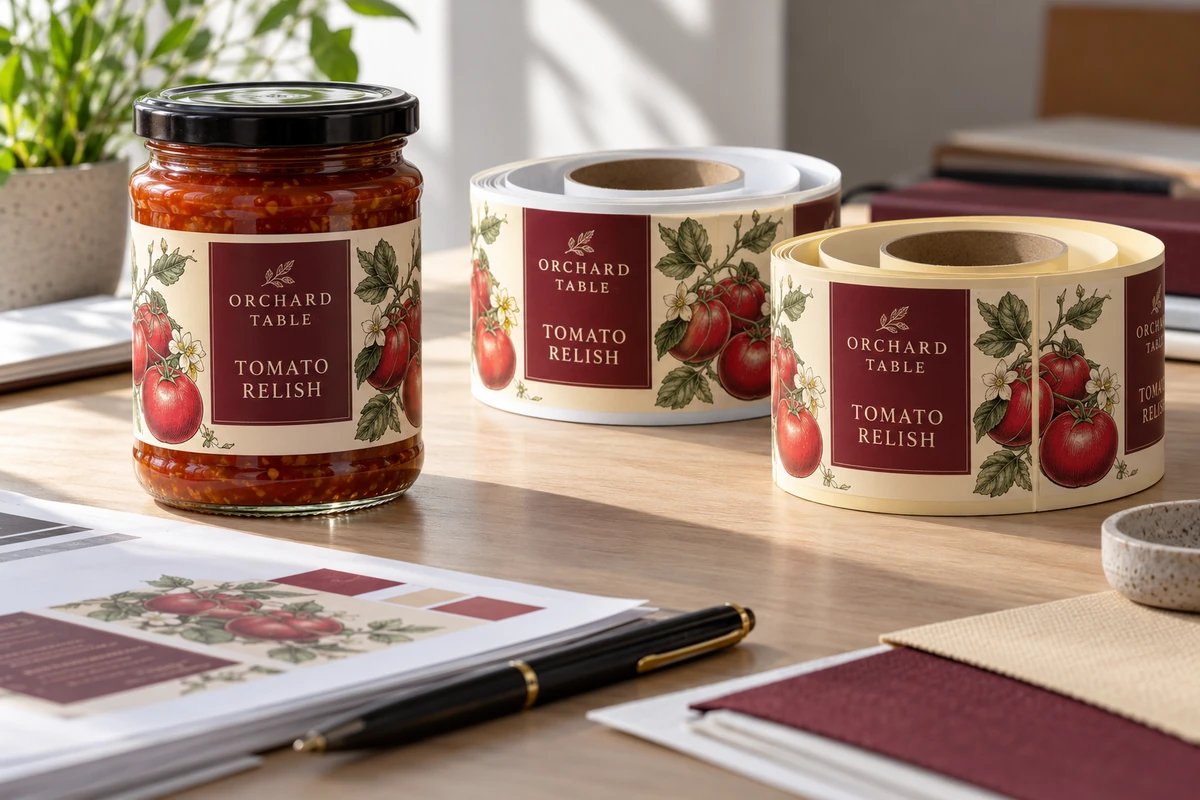 Fictional Orchard Table tomato relish jars and two separate label rolls on a material-review desk
