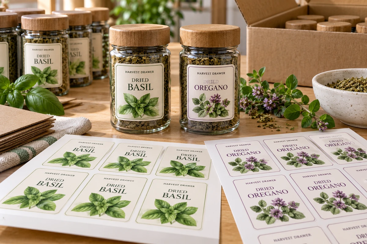 Fictional Harvest Drawer dried basil and oregano packaging beside separated label sheets