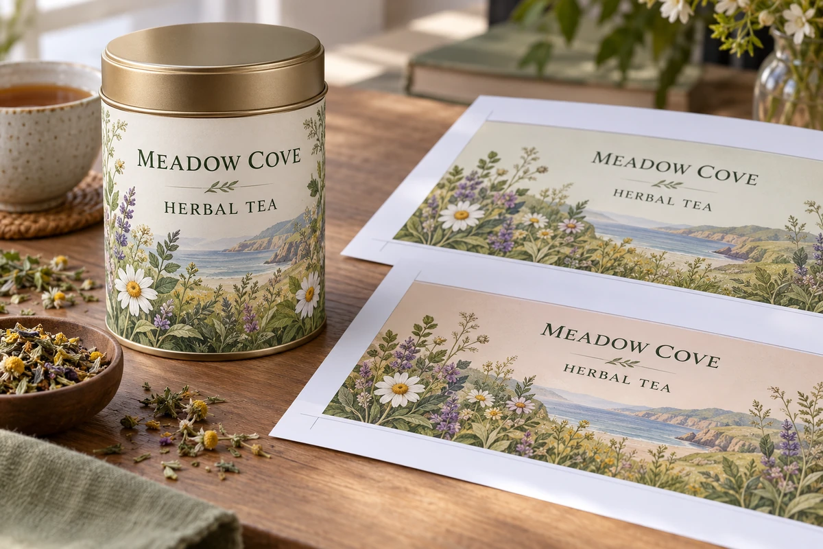 Fictional Meadow Cove herbal tea packaging with illustrative language-review proof sheets