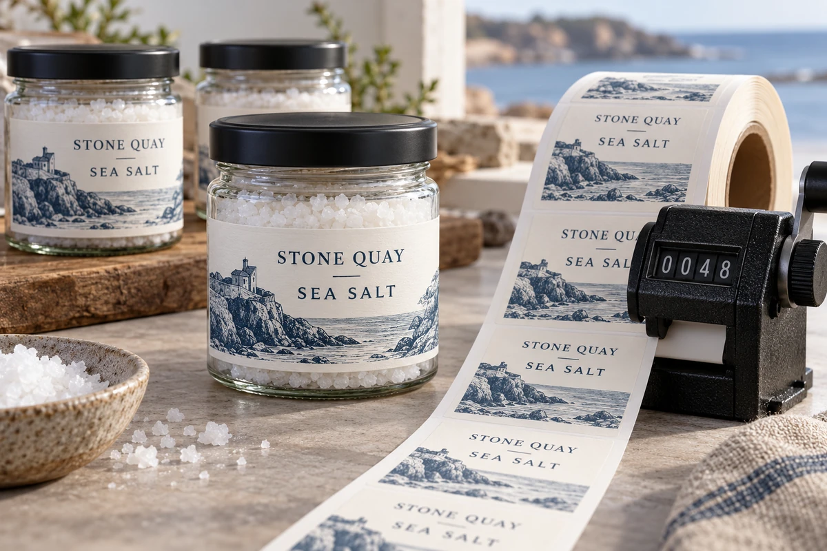 Fictional Stone Quay sea salt packaging beside a label web and illustrative counter