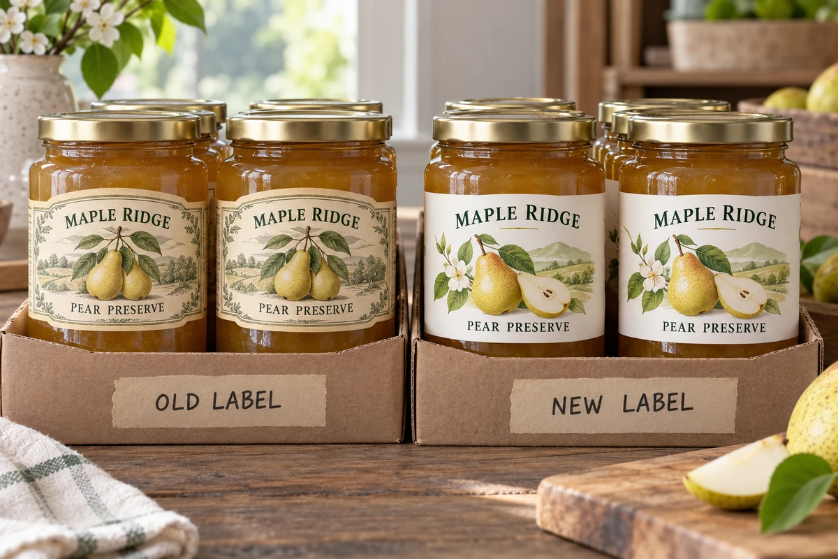 Fictional Maple Ridge pear preserve jars showing two distinct label versions