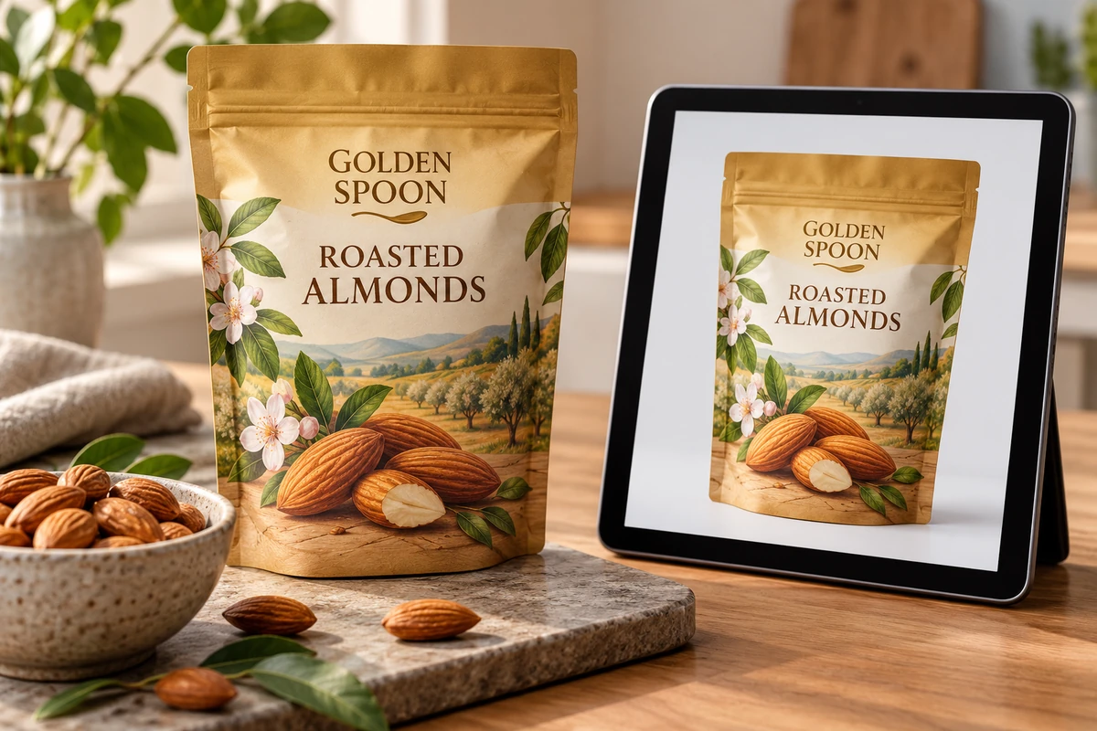 Fictional Golden Spoon roasted almonds pack beside a matching digital product image