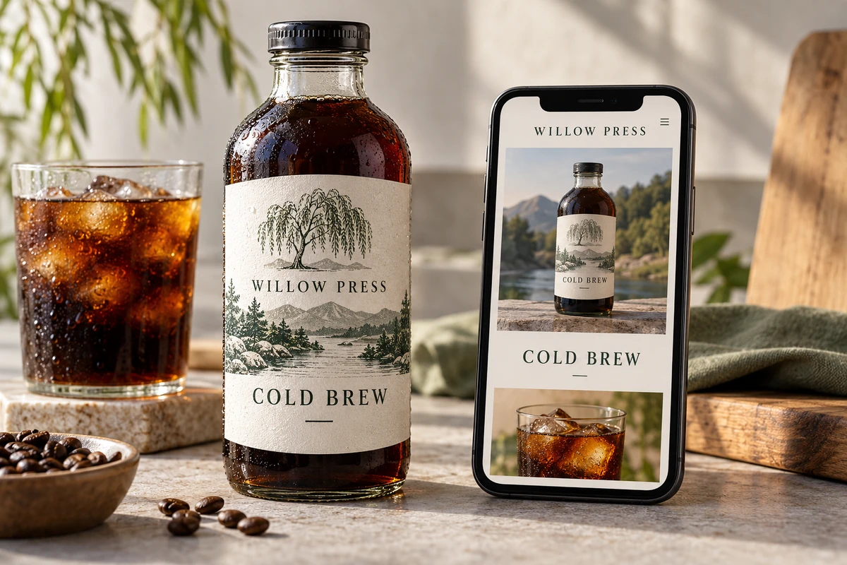 Fictional Willow Press cold brew packaging beside a mobile product-information illustration