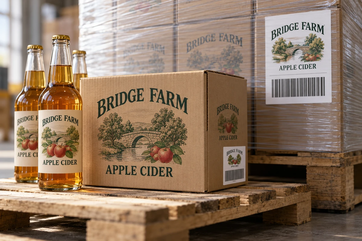 Fictional Bridge Farm apple cider cases and pallet with nonproduction logistics-label graphics