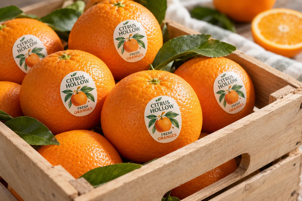 Fictional Citrus Hollow fresh oranges with brand stickers and no production PLU