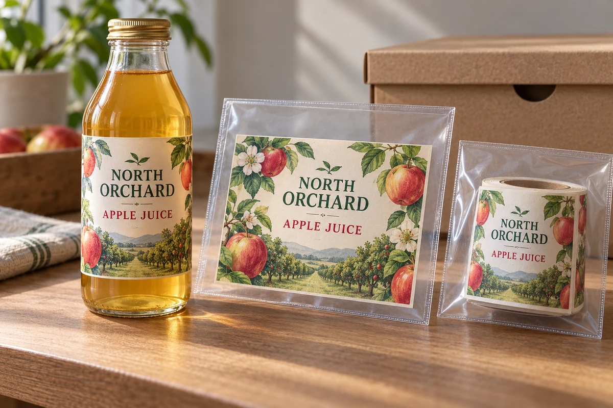 Fictional North Orchard apple juice packaging with separate flat and web samples in sleeves