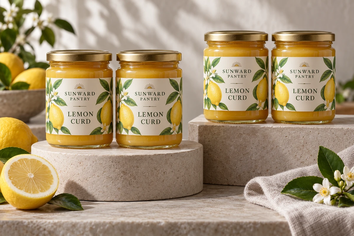 Fictional Sunward Pantry lemon curd jars with two separated label sample sets