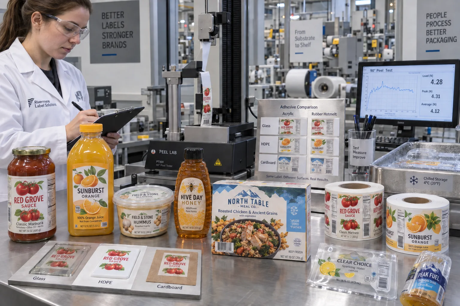 Label laboratory comparing acrylic and rubber hotmelt adhesives with complete sauce, juice, hummus, honey and frozen-meal packaging