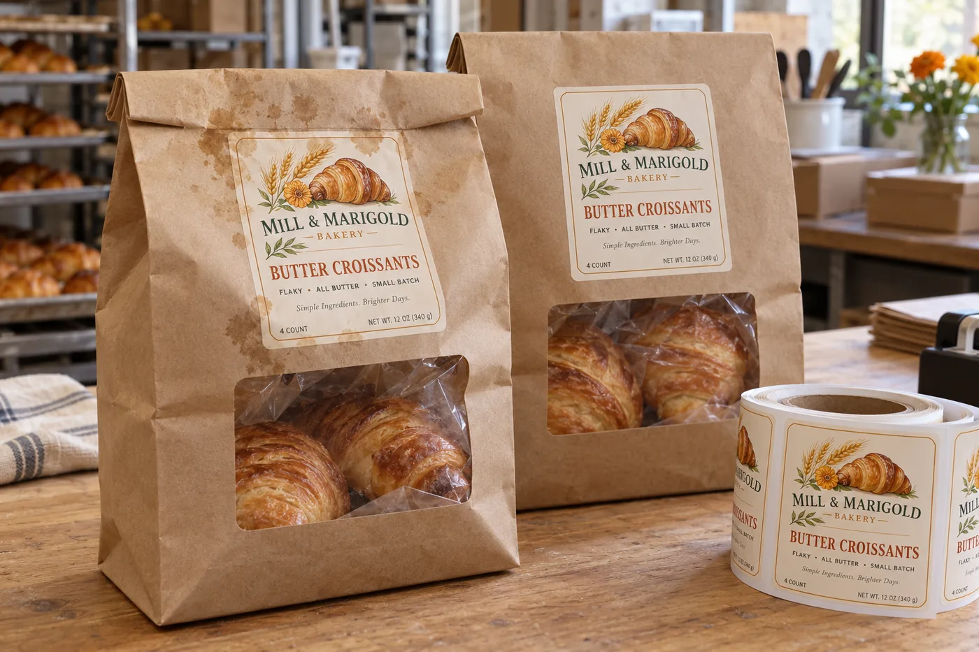 Fully illustrated Mill and Marigold butter croissant labels on filled paper bakery bags with a matching printed label roll