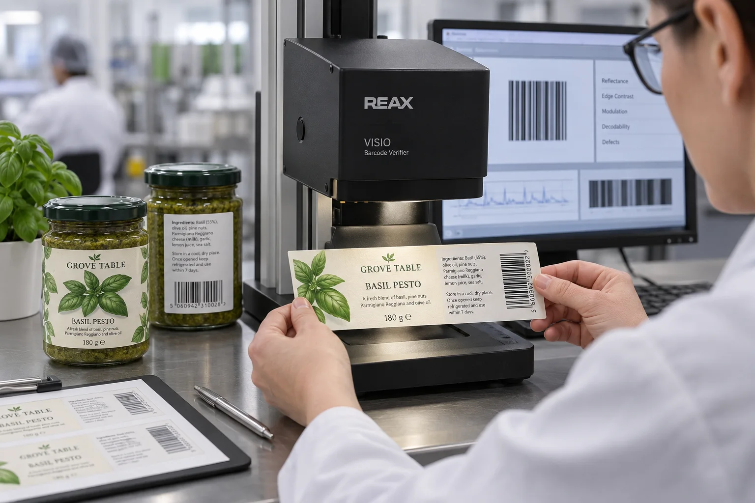 Technician inspecting a printed basil pesto label with a barcode verifier beside fully branded pesto jars