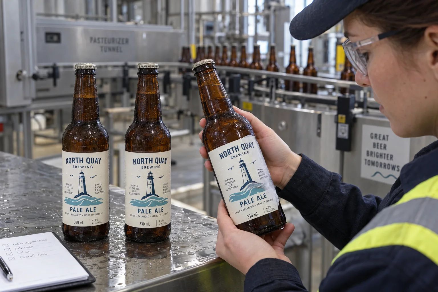 Wet North Quay Brewing pale ale bottles after a brewery conveyor, one showing a cloudy label edge during an illustrative inspection