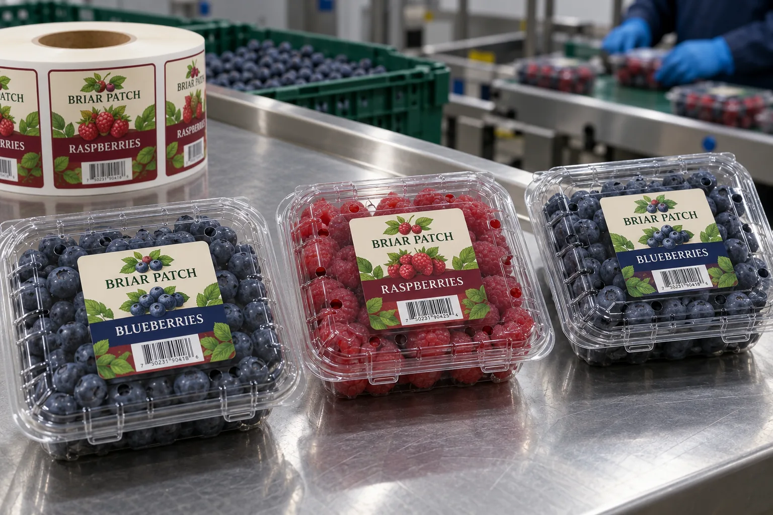 Original Briar Patch blueberry and raspberry labels centered on clear vented berry clamshell lids on a packing line