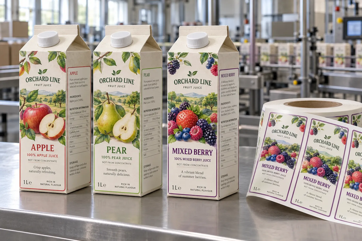 Fictional Orchard Line apple, pear and berry drink cartons with fruit illustration, front panel labels and a matching printed label roll