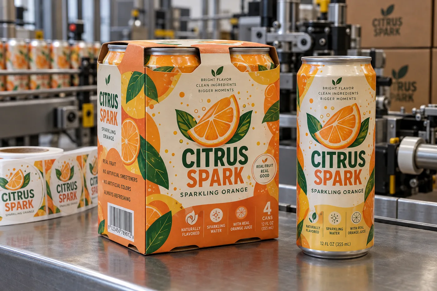 Fully designed Citrus Spark four-can carrier and matching single can with a barcode area on the outer multipack sleeve