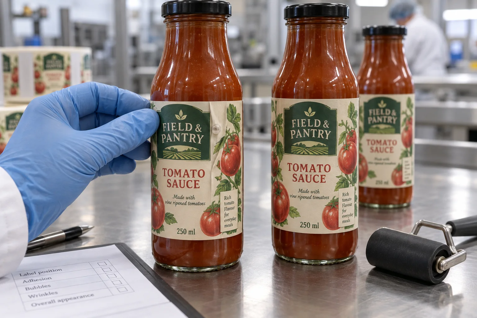 Tomato sauce bottles with illustrated retail labels, one wrinkled label under inspection beside a smooth comparison bottle