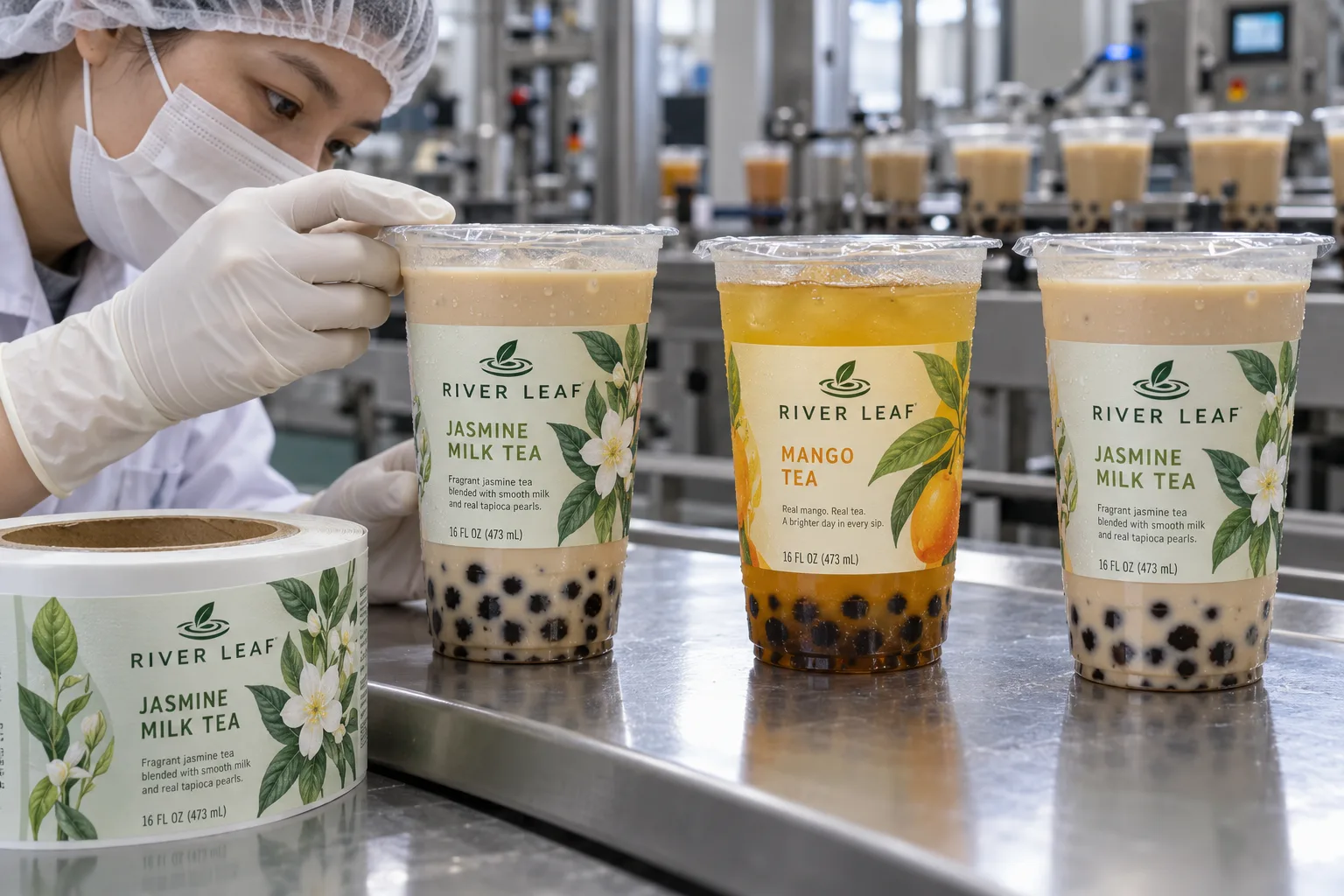 River Leaf jasmine milk tea and mango tea cups with original botanical labels below intact heat-sealed film lids