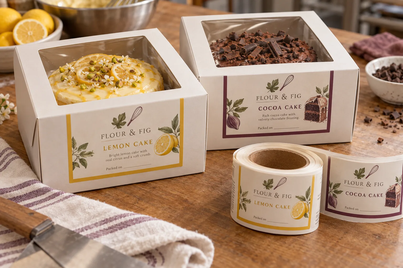 Original Flour and Fig lemon and cocoa cake labels on the opaque panels of clear-window bakery boxes beside printed label rolls
