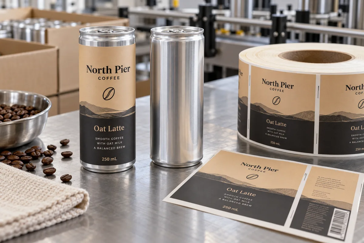 Fictional North Pier Coffee oat latte label on a slim aluminum can with a matching printed label roll and an undecorated comparison can
