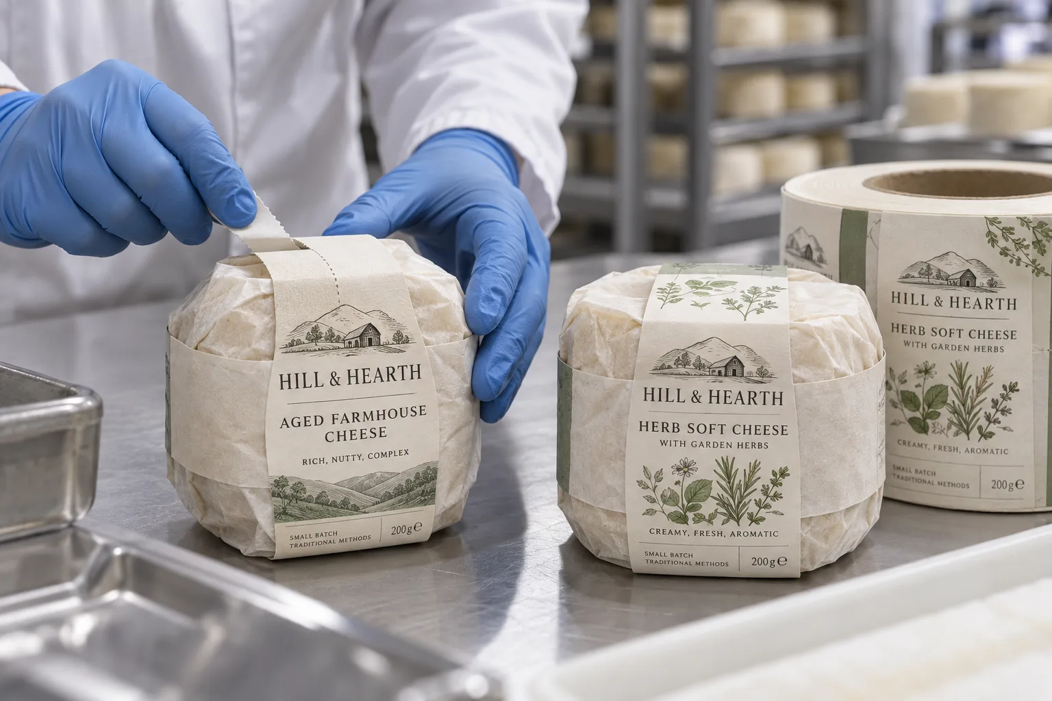 Original Hill and Hearth aged and herb cheese label bands around wrapped cheese wheels on a clean packing bench