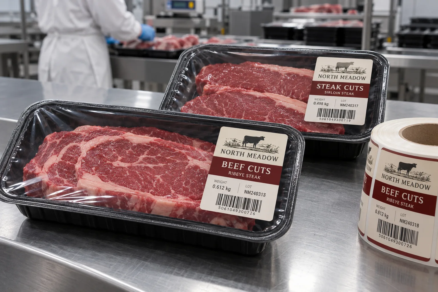 Original North Meadow beef and steak labels on the outer lidding film of chilled black meat trays, clear of the seal rims
