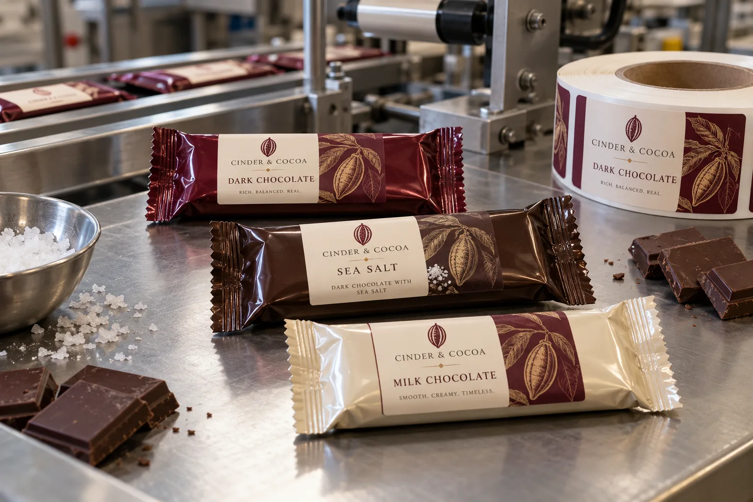 Original Cinder and Cocoa dark, sea salt and milk chocolate labels on individual flow-wrapped bars beside a printed label roll