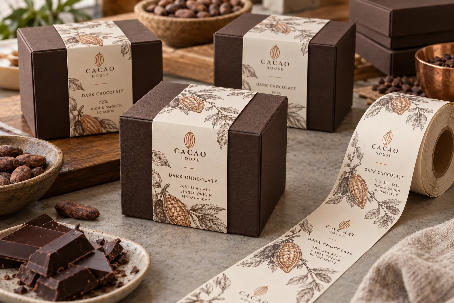 Fictional Cacao House dark chocolate gift boxes with original cocoa-pod illustrations on printed paper belly bands beside a matching label roll