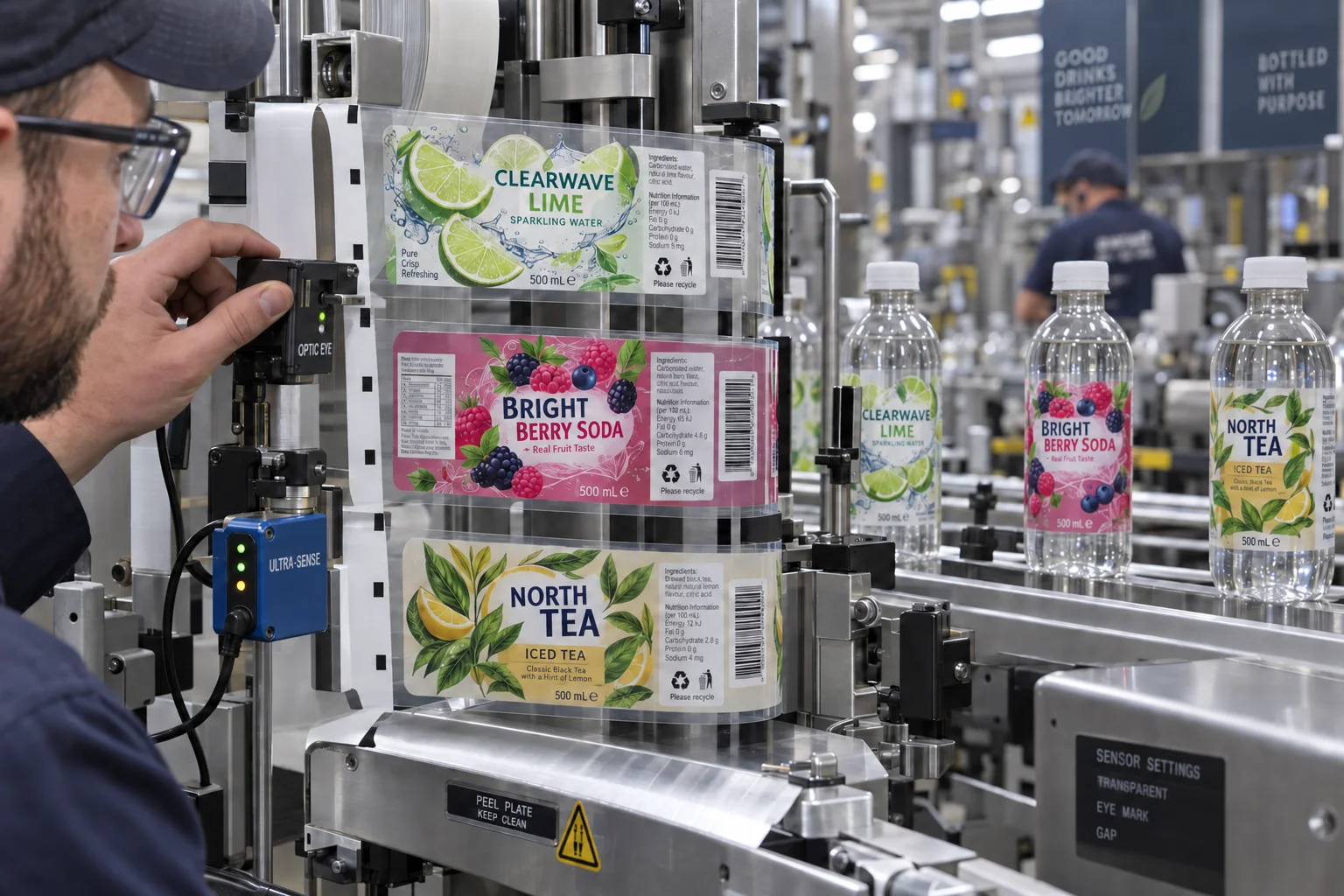 Designed beverage label web and labeled bottles at an application station