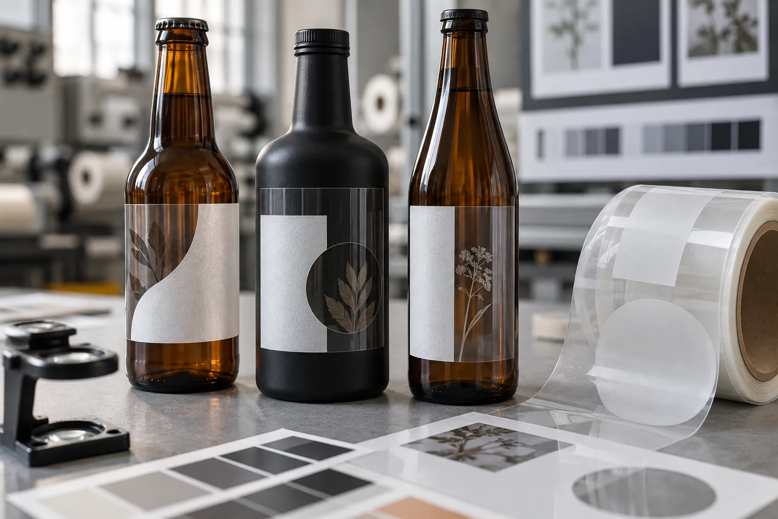 Clear labels with white ink areas displayed on amber and black bottles