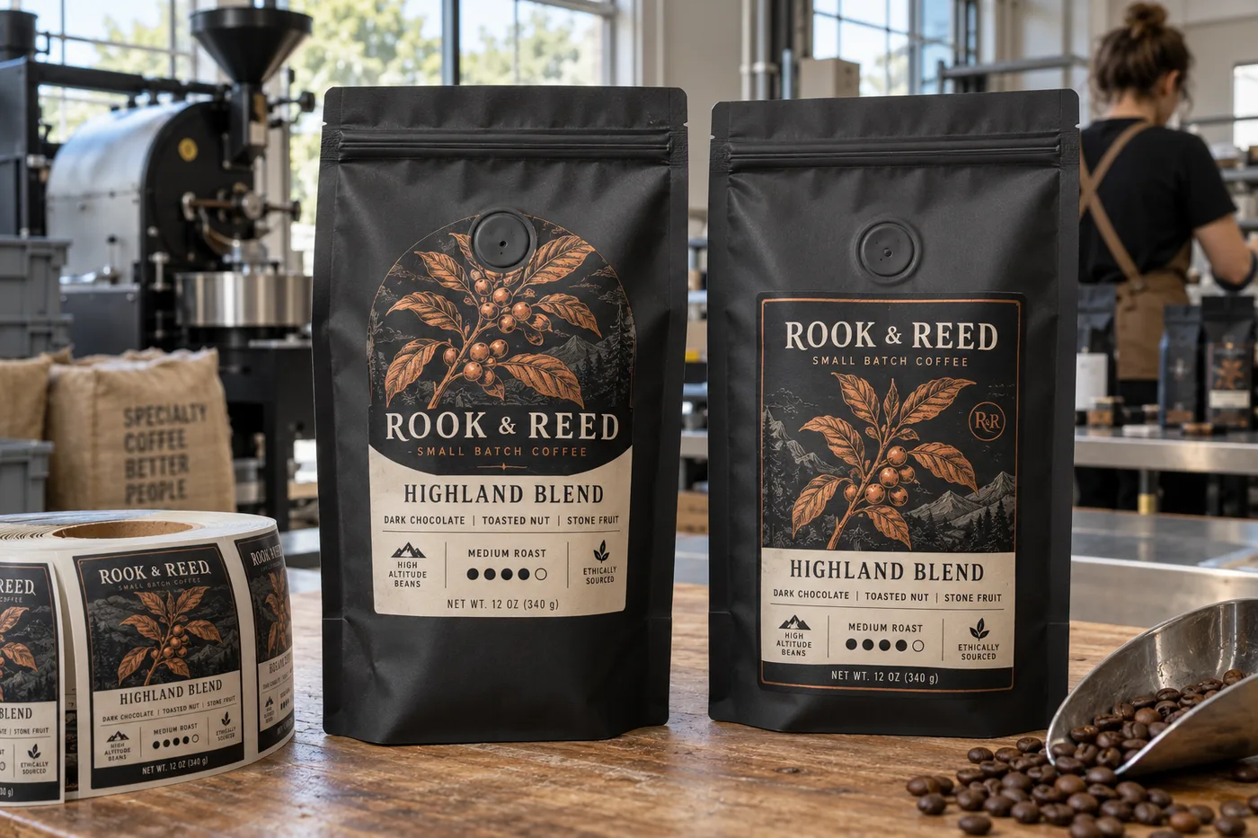Fully designed Rook and Reed Highland Blend labels on coffee bags with visible one-way valves, zipper tops and a matching printed label roll